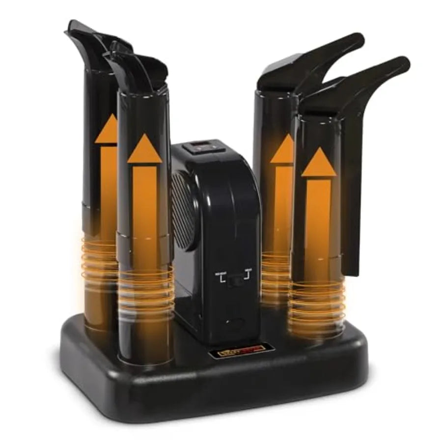 Electric shoe and boot dryer for home use, PEET Advantage Plus 4-shoe model with fan and heat settings, black plastic housing,