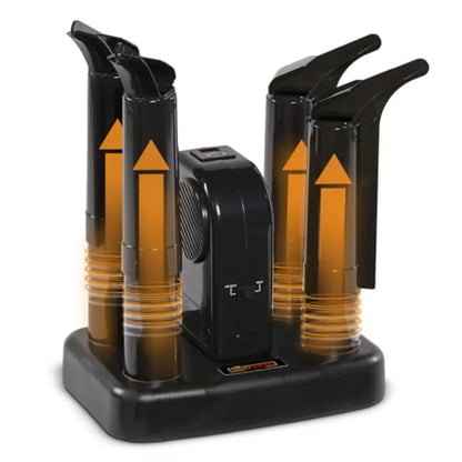 Electric shoe and boot dryer for home use, PEET Advantage Plus 4-shoe model with fan and heat settings, black plastic housing,