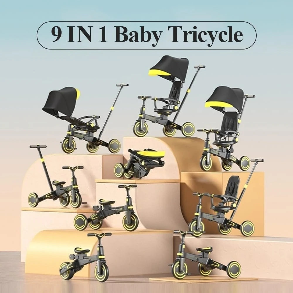 9-in-1 Push Tricycle for Toddlers Convertible Kids Trike with Adjustable Handle Safety Harness Lightweight Foldable for Boy Girl