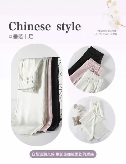 High Waist Loose Straight Pants with Button Knot Pocket New Chinese Style Satin Wide Leg Pants Spring Summer Trousers Pink Black