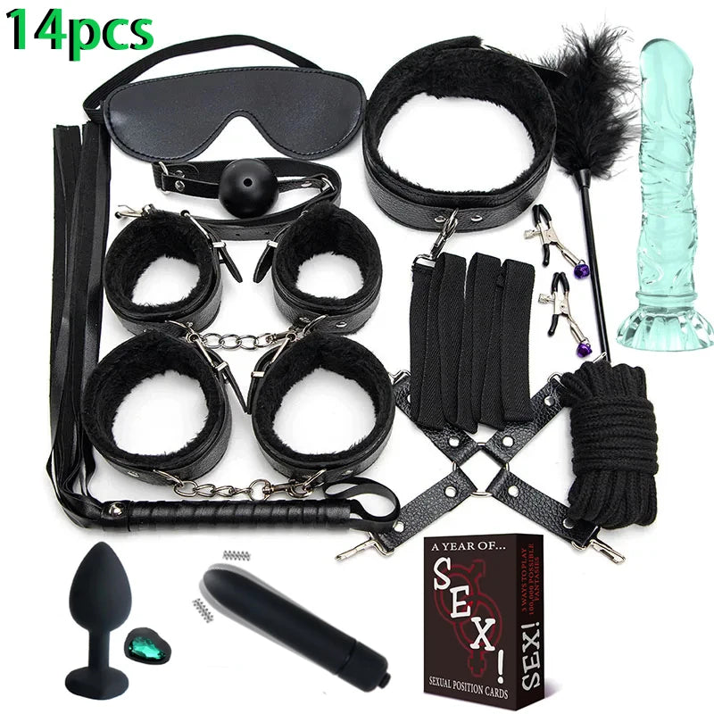 Erotic Sex Toys For Women Adults Games Nylon 16pcs Bondage BDSM Kits Handcuffs Sex Whip Mouth Gag Dildo Vibrator Anal Plug