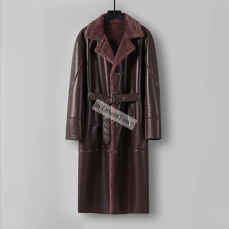 Large Loose Fur 1 Piece Leather Long Jacket For Men Over The Knee Warm Windbreaker For Man Winter Trench Coat  in OrientTown 027