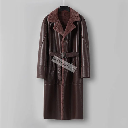 Large Loose Fur 1 Piece Leather Long Jacket For Men Over The Knee Warm Windbreaker For Man Winter Trench Coat  in OrientTown 027