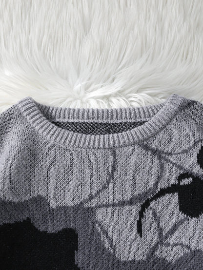 Double-Sided Spider Jacquard Knit Men's Sweater, Designed with Patchwork, Crew Neck, Long Sleeves, Regular Fit, Suitable for Couples, Perfect for Autumn and Winter