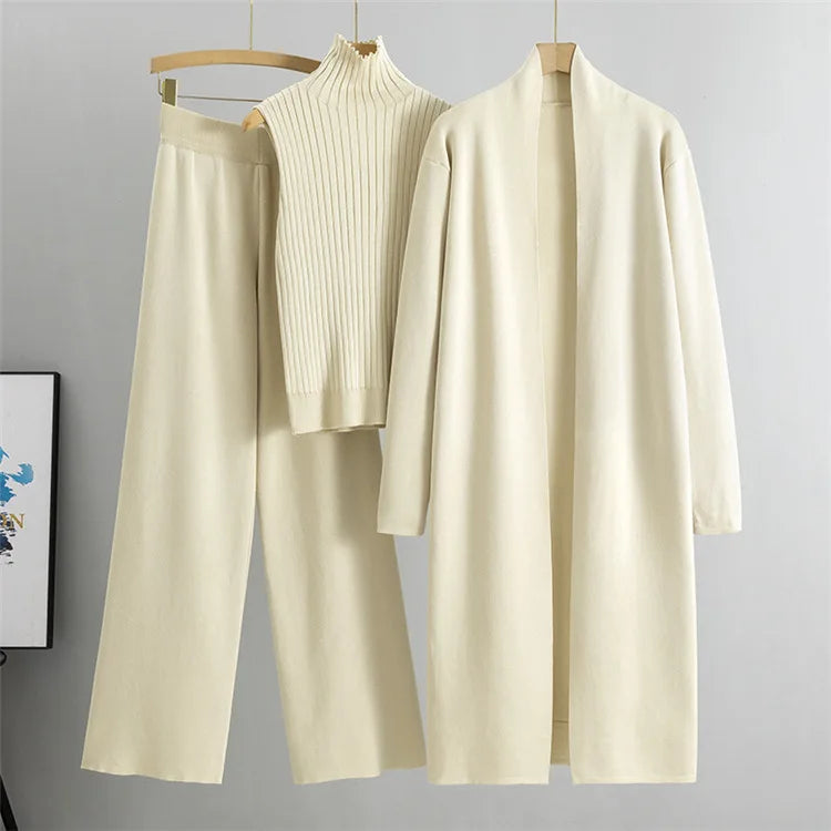 2025 Autumn Winter Women Long Cardigan 3 Piece Set Knit Pants High Neck Vest Wide Leg Trousers Outfit