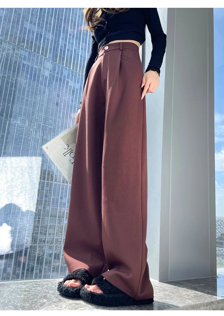 Seoulish Autumn Elegant Women's Wide Leg Pants 2024 New Korean Solid Button Casual Loose Office Full Length Trousers Female