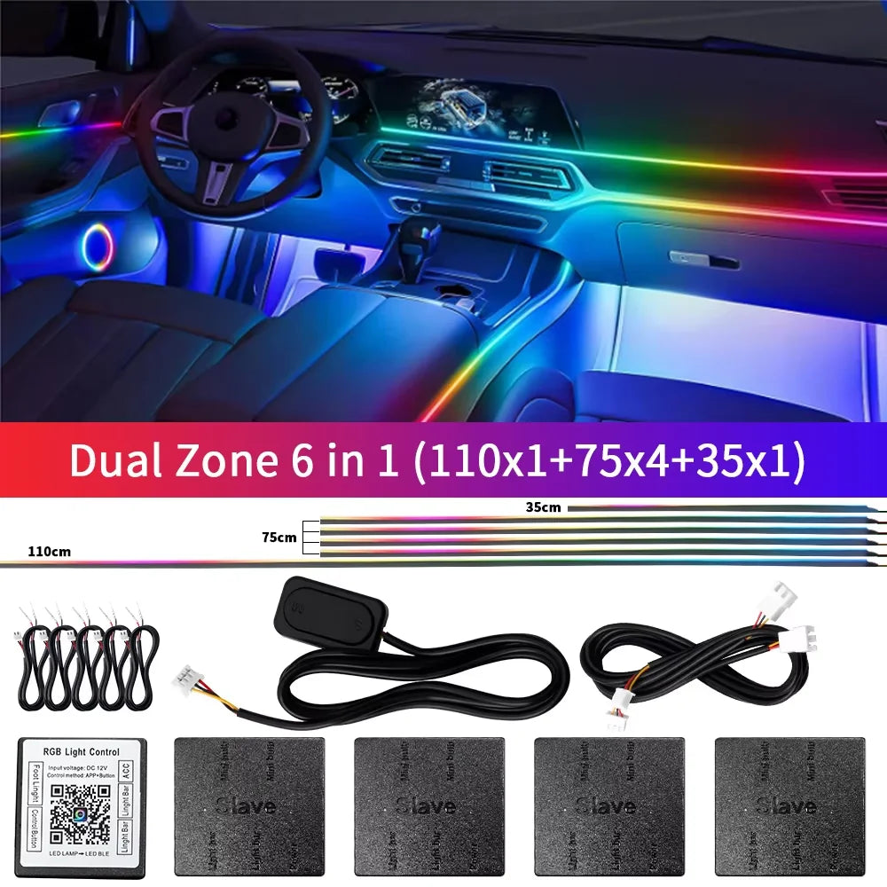 18 in 1 Dual Zone Symphony Streamer Car Ambient Light RGB 64 Colors Interior Rainbow Acrylic Strip Atmosphere Lighting kit App
