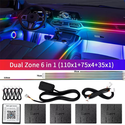 18 in 1 Dual Zone Symphony Streamer Car Ambient Light RGB 64 Colors Interior Rainbow Acrylic Strip Atmosphere Lighting kit App