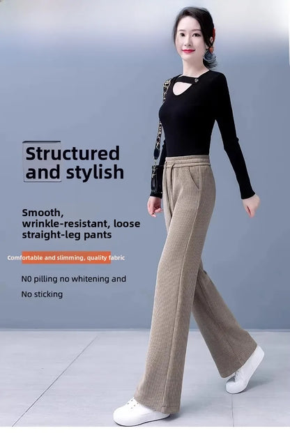 Thickened Fleece Wide Leg Pants Women's Casual Straight Cut Trousers Autumn Winter New Style High Waist Cotton Elastic Waist
