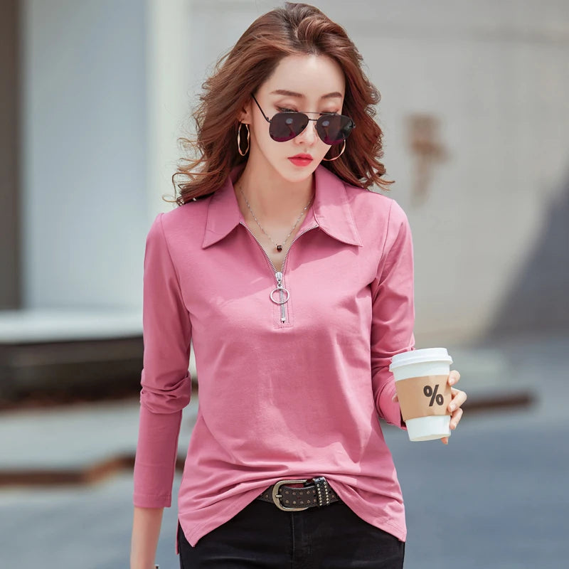 Korean Style cotton polo shirts women fashion long sleeve candy color zipper turn down neck polo t shirt for women 2025
