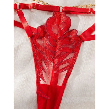 Tornova Lingerie Sexy Porn Underwear for Women Body Transparent Bra Metal Chain Lace Exotic 4-Piece Hollow Out Slim Set Bra New