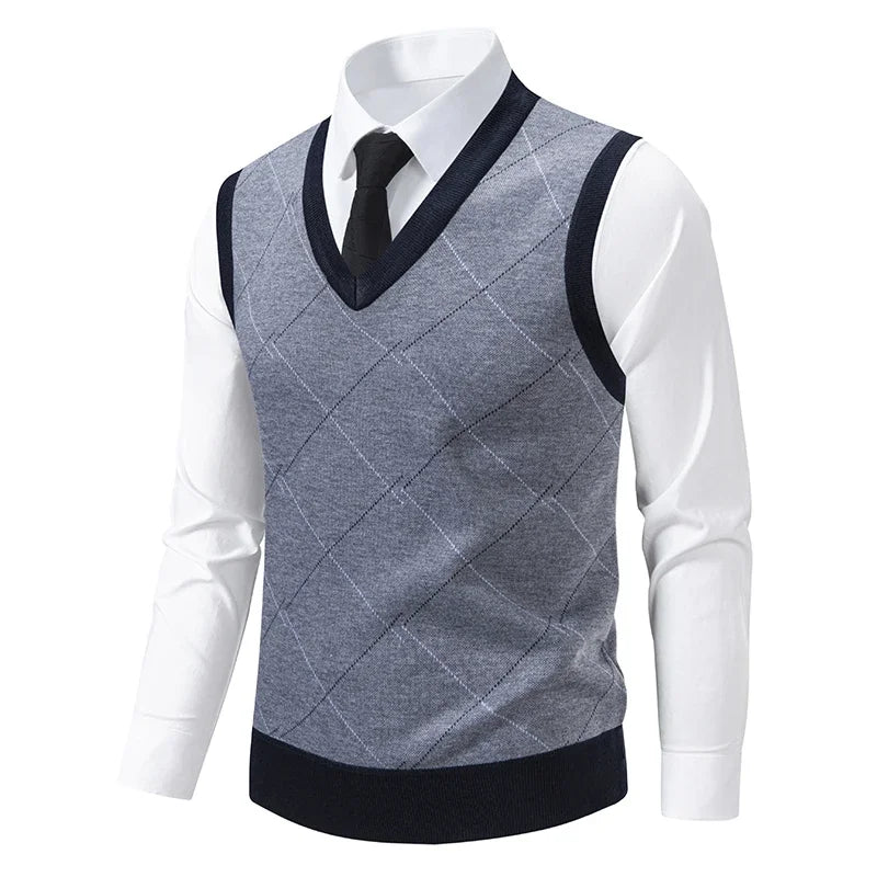 Men's V-neck Knitted Sweater Warm Autumn Winter Diamond Grid Twisted Flower Casual Fashion Versatile Knit Top