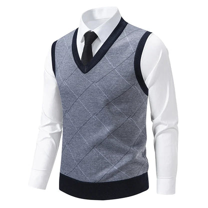 Men's V-neck Knitted Sweater Warm Autumn Winter Diamond Grid Twisted Flower Casual Fashion Versatile Knit Top