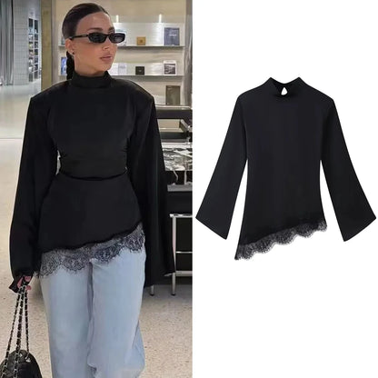 Women Casual Lace Patchwork Hem Lace-up Tops Women's Slim Waist-cinching Blouse New Ladies Spring Solid Elegant Blouses ﻿