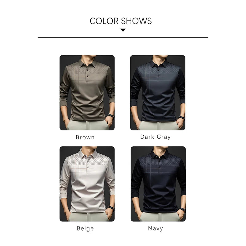 BROWON Luxury Brand Elegant Formal Polo Tshirts Men Graphic Design Long Sleeve Shirt Collar Office Work Polo Tops Man Clothing