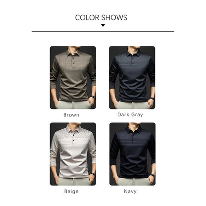 BROWON Luxury Brand Elegant Formal Polo Tshirts Men Graphic Design Long Sleeve Shirt Collar Office Work Polo Tops Man Clothing