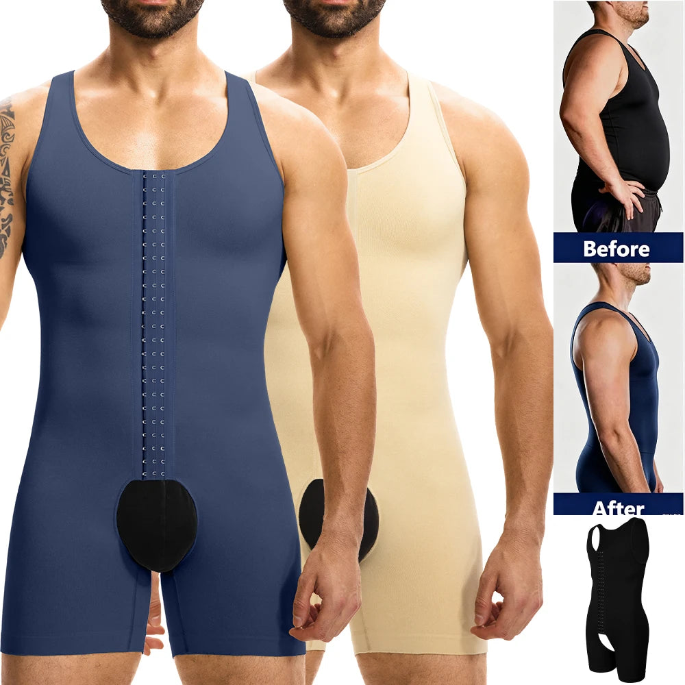 Men's Sleeveless Compression Shapewear Bodysuit Tummy Control Slimming Vest 3-Row Hooks Open Crotch Underwear for Daily Wear