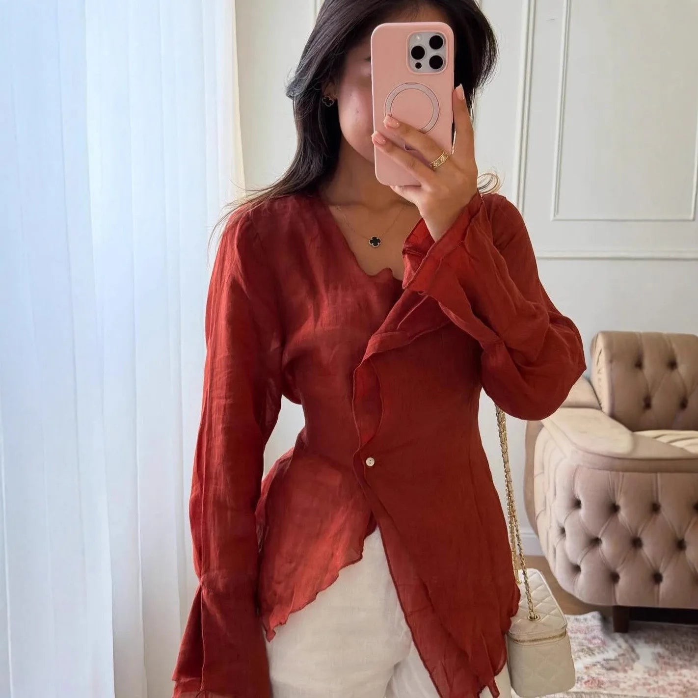 Fashion Red Cotton Linen Shirts Women V-Neck Long Sleeve Bandage Thin Blouses 2026 New Spring Summer Cotton Chic Tops For Women