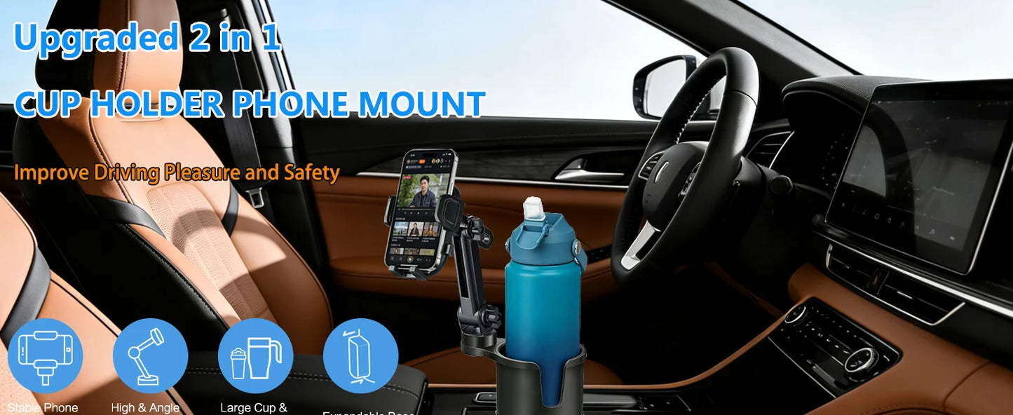 Cup Phone Holder for Car, 2 in 1 Height-Adjustable Dual Cell Phone Holders Car Cupholder Mount, Fit Large Bottle & All Cellphone