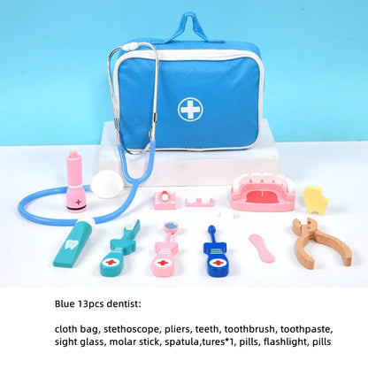 Pretend Play Doctor Toys Wooden Simulation Dentist Check Brush Teeth Medicine Set Role Playing Educational Toys For Children Kid