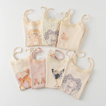 Cute Cartoon Lace Trim Tank Tops Women Summer New Slim Cotton Sleeveless Vests Vintage Sweet Preppy Style Camisole Y2K Clothes