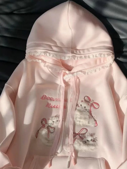 Pink Embroidered Lace  Hoodie Women's Spring Autumn Thickened Loose Casual Top Coat Korean Style Long Sleeve Zipper