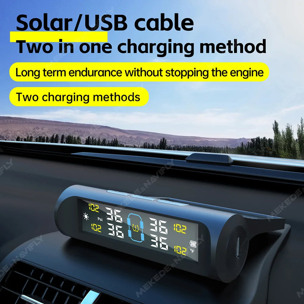 MEKEDE TPMS Solar/USB Powered 4pcs Sensors Car Tire Pressure Monitoring System Car Tyre Pressure Monitor Tyre Pressure Alarm