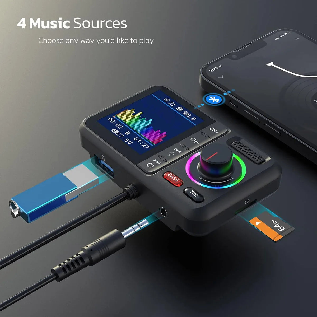MP3 Music Player Wireless FM Transmitter with Big Color Screen 2.4A QC3.0 Dual USB Fast Charging Hands-Free Call Car AUX Adapter