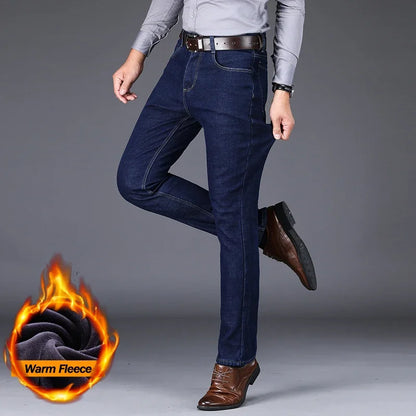 2025 Winter Warm Men's Jeans Fleece Thickened Elastic Straight Business Casual Denim Pants Plush Velvet Comfortable Trousers