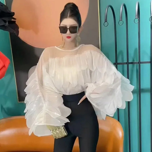 Women's Spring Autumn Tops Shirt Bat Sleeve Ruffle Irregular New Retro Simple Comfortable Loose Casual New Soft Niche Versatile