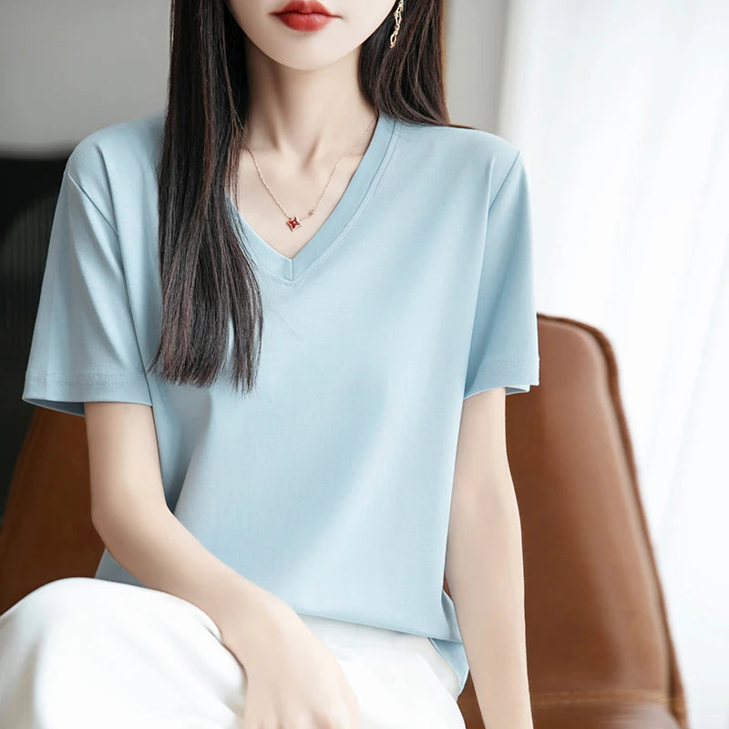 2026 Summer New Pure Cotton V-neck Short-sleeved T-shirt Women's Solid Color Joker Pullover Shirt with Loose Sleeve Bottom Shirt