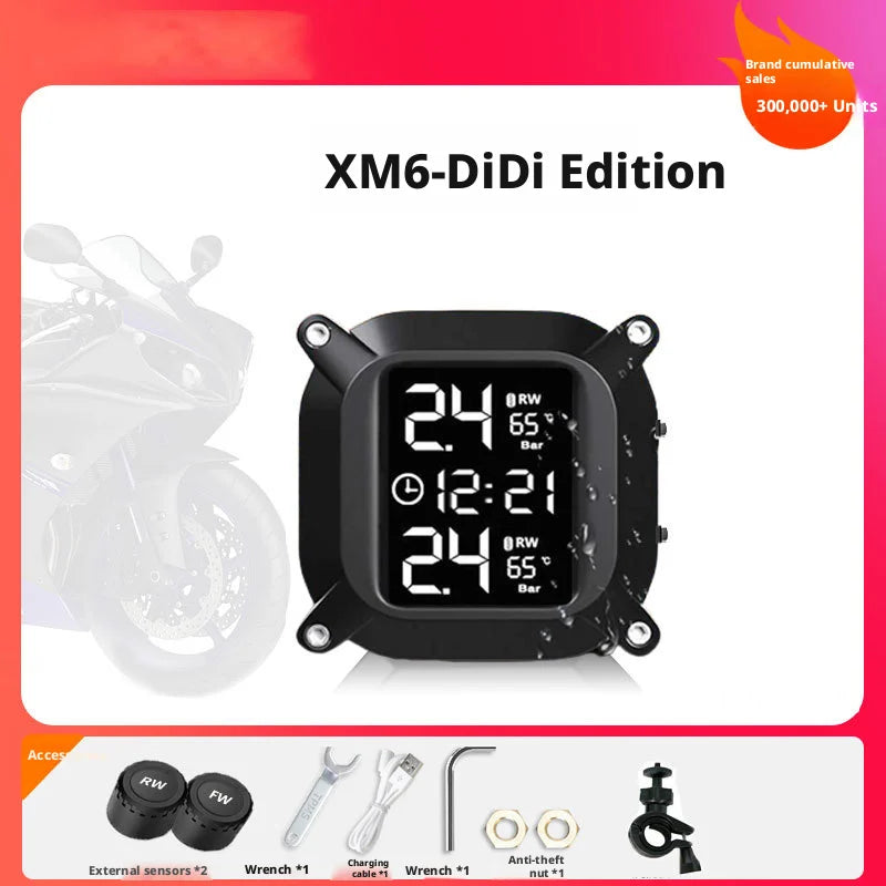 Waterproof Motorcycle TPMS, Solar & Magnetic Charging Tire Pressure Monitor System with 2 External Sensors & HD LED Display