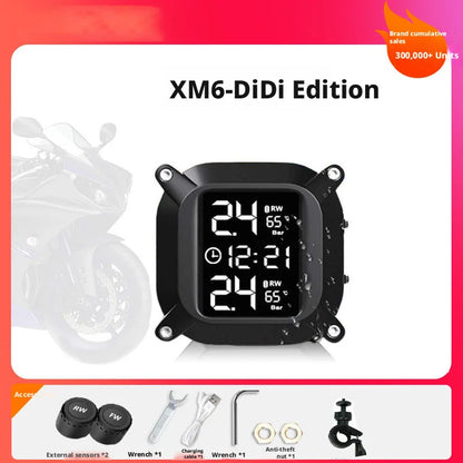 Waterproof Motorcycle TPMS, Solar & Magnetic Charging Tire Pressure Monitor System with 2 External Sensors & HD LED Display