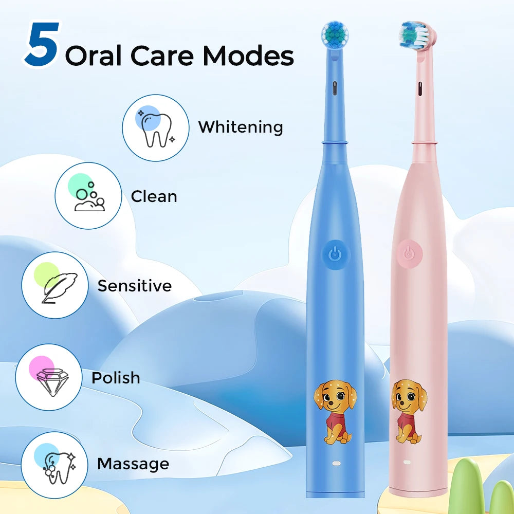  5 Modes Timer Electric Toothbrush Children Cartoon Smart Round Head Rotating Oral Teeth Cleaning Tool with Replacement Heads