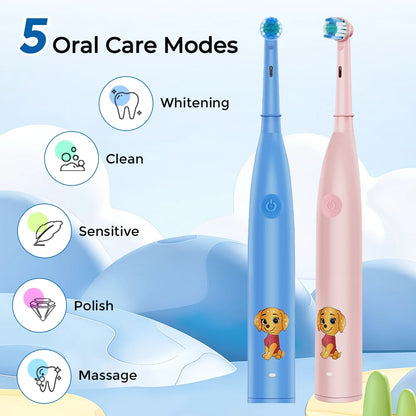  5 Modes Timer Electric Toothbrush Children Cartoon Smart Round Head Rotating Oral Teeth Cleaning Tool with Replacement Heads