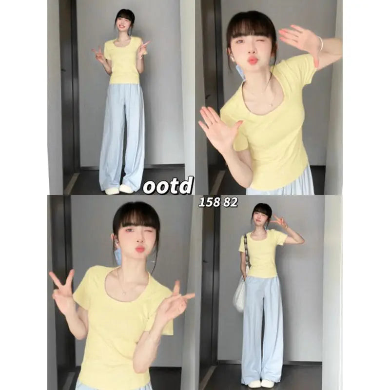 Slim Fit Short Sleeve U Neck Basic Style Women's T Shirt Summer Fashionable Cotton Blend Casual Top for Young Girls
