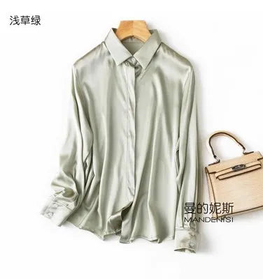 Luxury Satin silk shirt women's long sleeve 93% mulberry silk shirt commuter office lady style for Spring/Summer