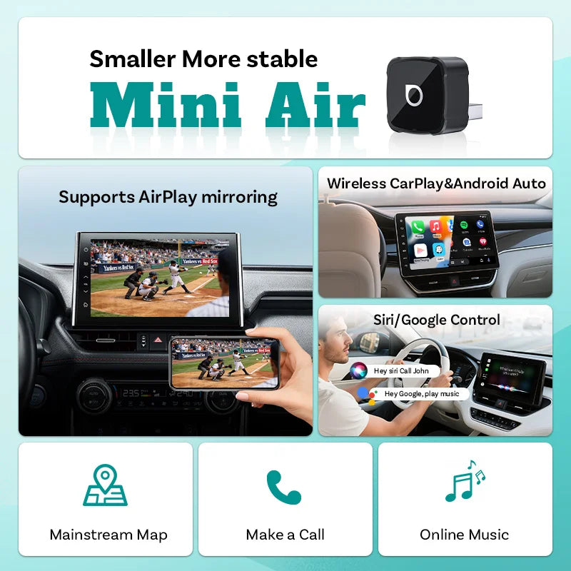 Ottocast Mini Air Wireless CarPlay Android Auto AirPlay Adapter 3 in 1 Plug and Play Wireless Mirroring For Youtube Tiktok IPTV