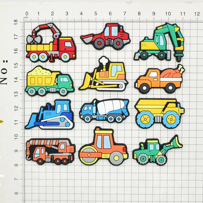 14-100Pcs Mix Engineering Vehicle Shoes Charms Decorations Digger PVC Garden Sandals Button Fit Kids Favorite Birthday Gifts