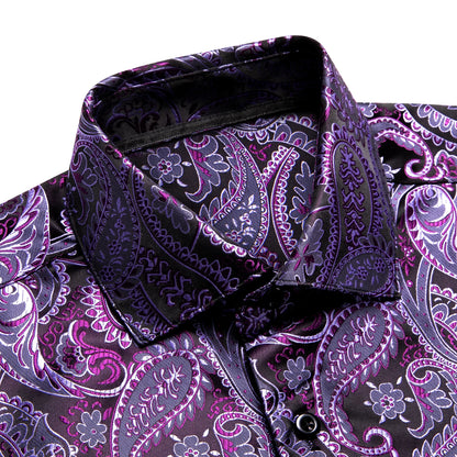 Hi-Tie Mens Shirts Jacquard Paisley Floral Long Sleeve Lapel Shirt Blouse Outerwear Wedding Office Breathable High Quality