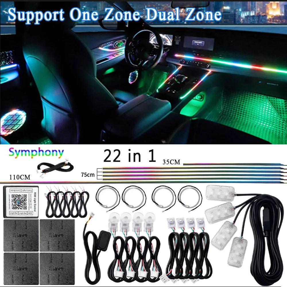 14/18/22 in 1 Led Car Atmosphere Lights RGB 64 213 Color Blutooth Acrylic APP Control Led Ambient Lamps One Zone Dual Zone 12V