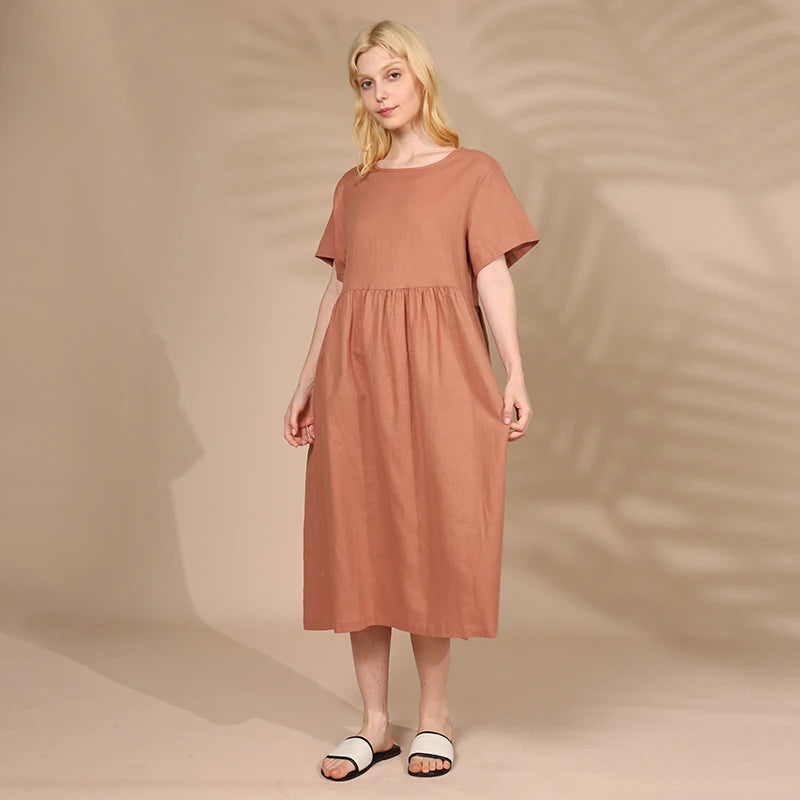 Summer Cotton Linen Women Dresses Vintage Short Sleeve Casual Loose Back Bandage Harajuku Party Club Dress With Pockets