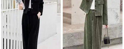 Fashionable Corduroy Set Women's Autumn Winter New Style Elegant Lady Fragrance Wind Coat Wide Leg Pants Two Piece Suit
