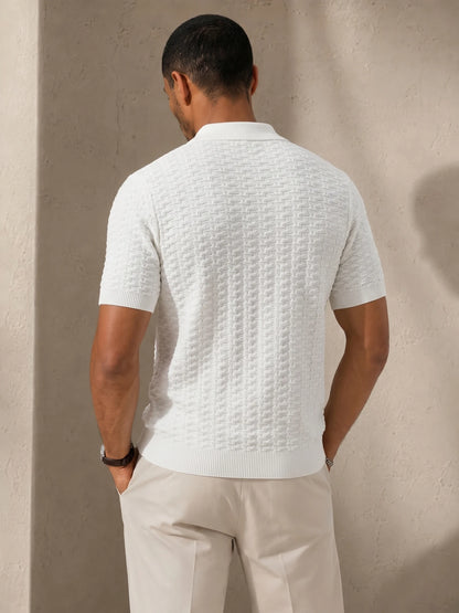 Men's Textured Knit Polo Shirt Short Sleeve Half Zip Neck Casual Business Knitted Pullover Tops