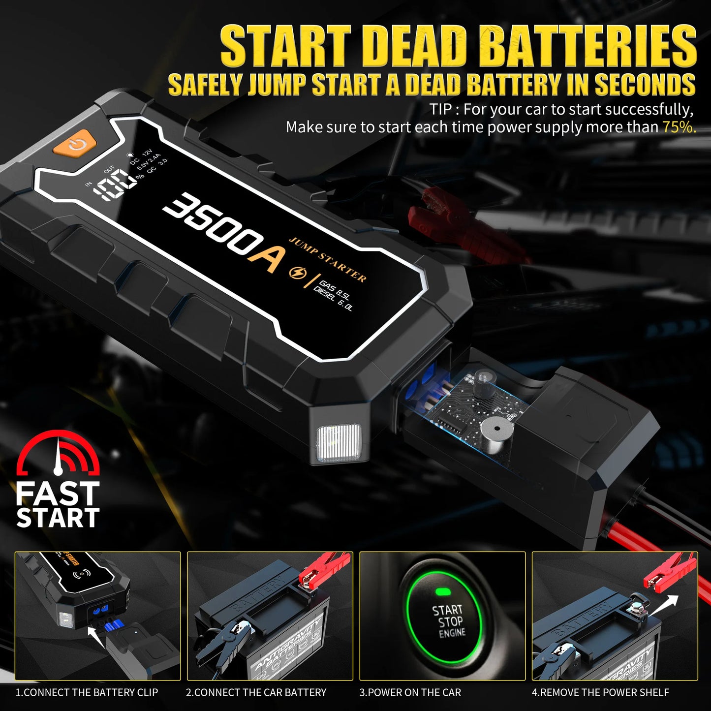 16000mAh Car Jump Starter 12V Booster for Gas&Diesel Car Portable Battery Starter Power Supply Wireless Charging Lighting