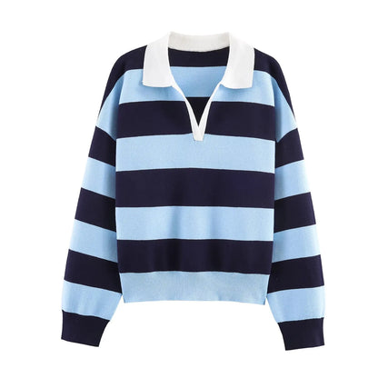 JNLEAOG Fashionable Striped Knitted  Shirt Women's Loose Fit Classic Pattern Long Sleeve Youthful Vitality Autumn New Arr...