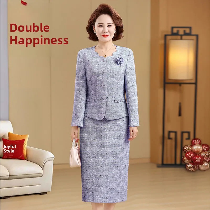 Spring 2026 New Style Small Fragrance Wind Fake Two-Piece Dress Set Elegant Ladylike Mommy Clothes Long Sleeve High Waist