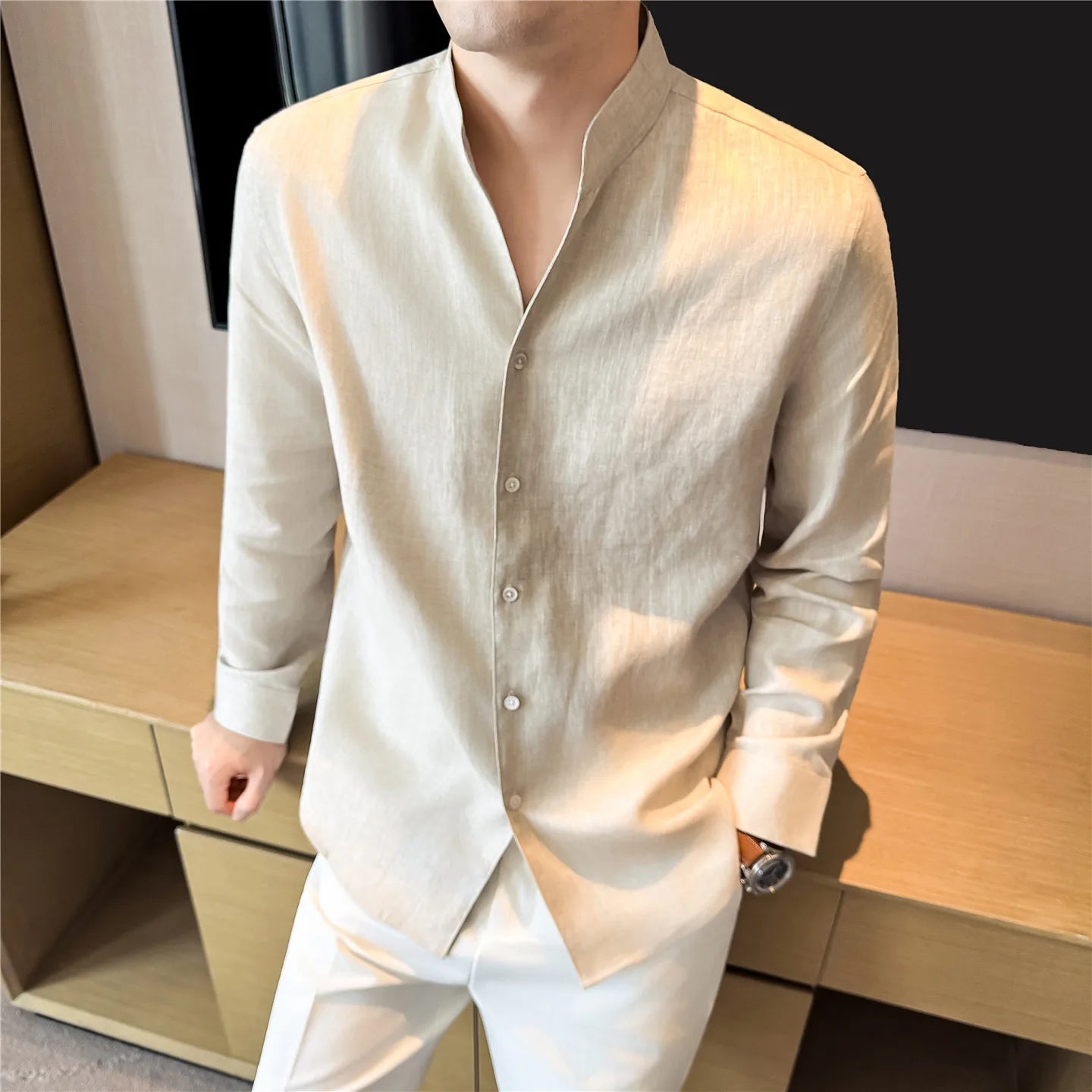 100% Linen Long Sleeve Shirt for Men Stand Up Collar Summer Loose Fit Solid Color Casual Formal Wear