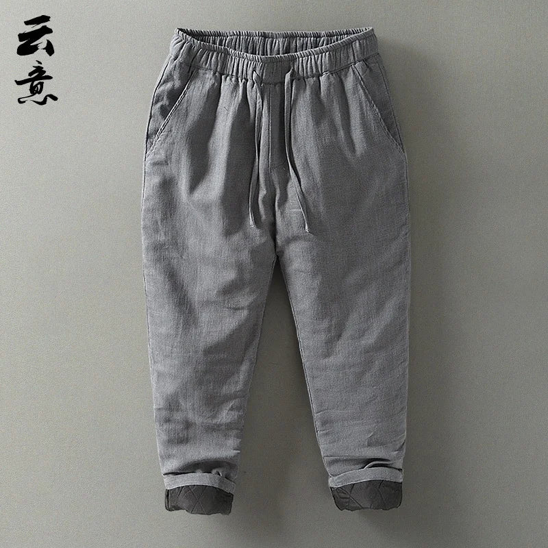 Men's Winter Thickened Cotton Linen Casual Pants Loose Fit Thermal Long Trousers Traditional Chinese Style Warm Cotton Padded