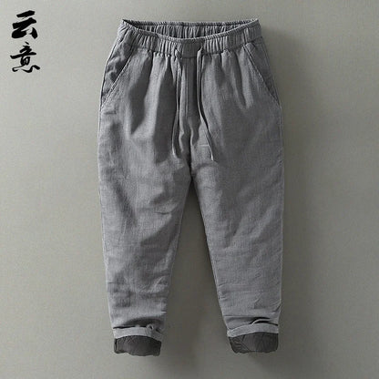 Men's Winter Thickened Cotton Linen Casual Pants Loose Fit Thermal Long Trousers Traditional Chinese Style Warm Cotton Padded